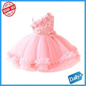 Toddler Flower Girl Dress Asymmetric Shoulder Tulle Tiered Gown 3M-6T